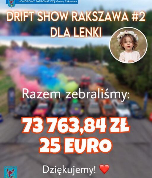 Drift Show Rakszawa #2 Dla Lenki. Zebrano 73 763, 84 zł i 25 euro. Dziękujemy!